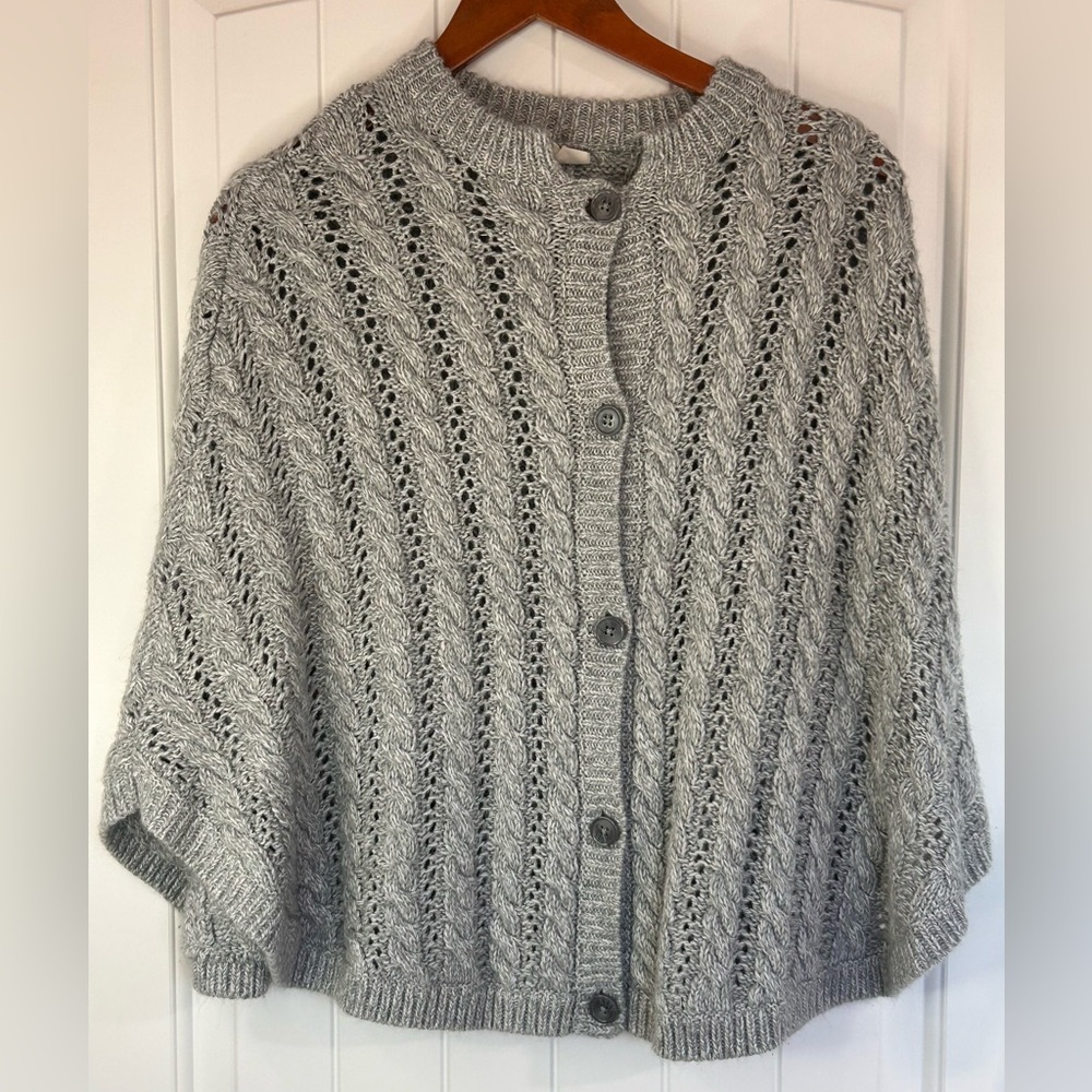 Cable-Knit Poncho Button Front Gray XL (14) | Classic Cozy Layering